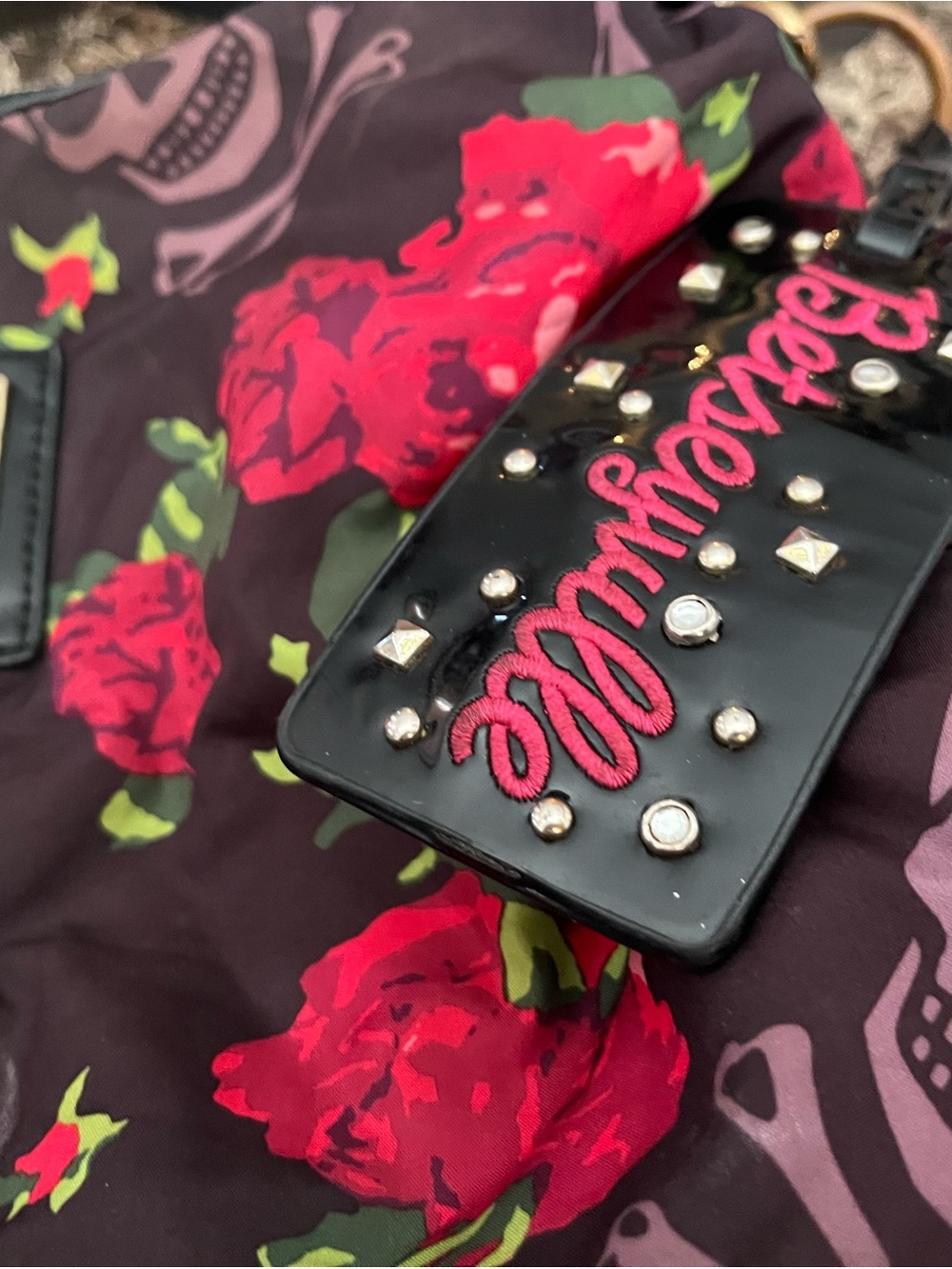 Betsey Johnson Black Shoulder Bag with Red Roses and Pink Skulls Betsyville - Picture 2 of 16